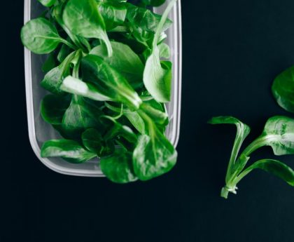 Close-up of fresh green salad leaves in a plastic container on a black background.