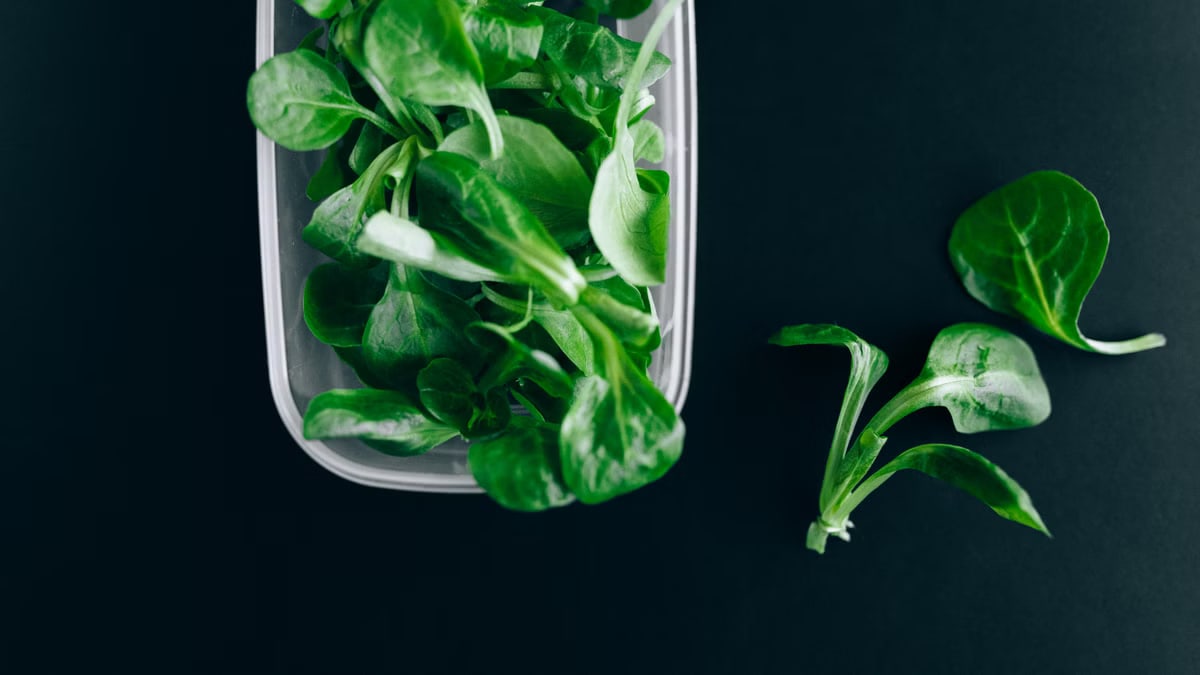 Close-up of fresh green salad leaves in a plastic container on a black background.